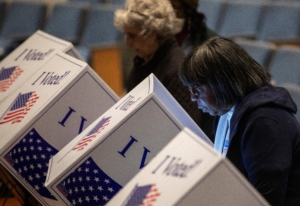 Voters at a voting booth.